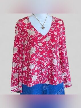 Shyanne Floral Boho Blouse Pink Rose Red V Neck Cottagecore Top Size M